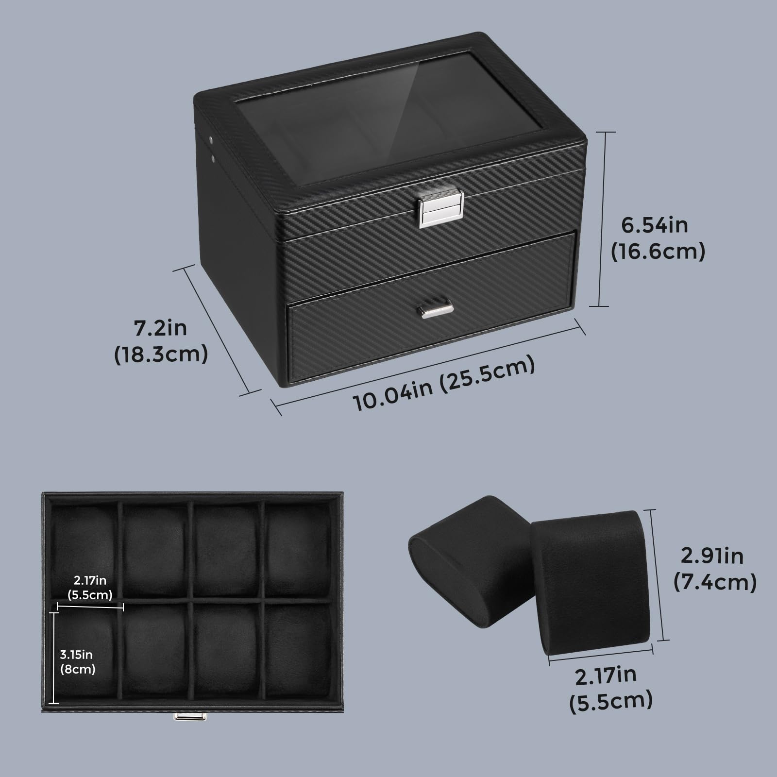 Caja para Relojes para Hombre, Organizador de Joyas con cajón, Estuche de exhibición con Tapa de Cristal - Totalmente Negro, 16 Ranuras