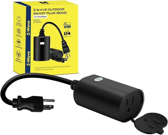 Z-Wave Plug, Smart Outdoor On/Off Outlet Switch, ZWave Hub Required, Weatherproof, Built-in Repeater, Surge Protection, Black(MP22Z)