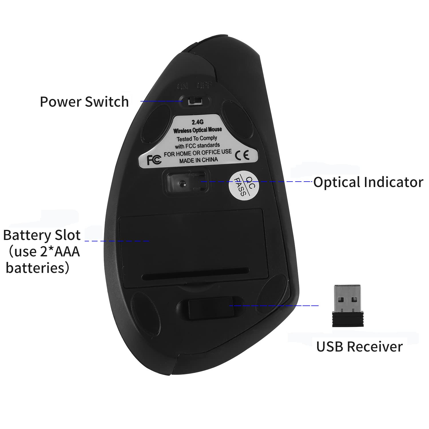 Ratón vertical inalámbrico ergonómico negro de alta precisión Ergo óptico 2.4G inalámbrico ligero ratones para juegos con 3 DPI800/1200/1600 ajustables para PC/portátil/escritorio/Mac 6 botones
