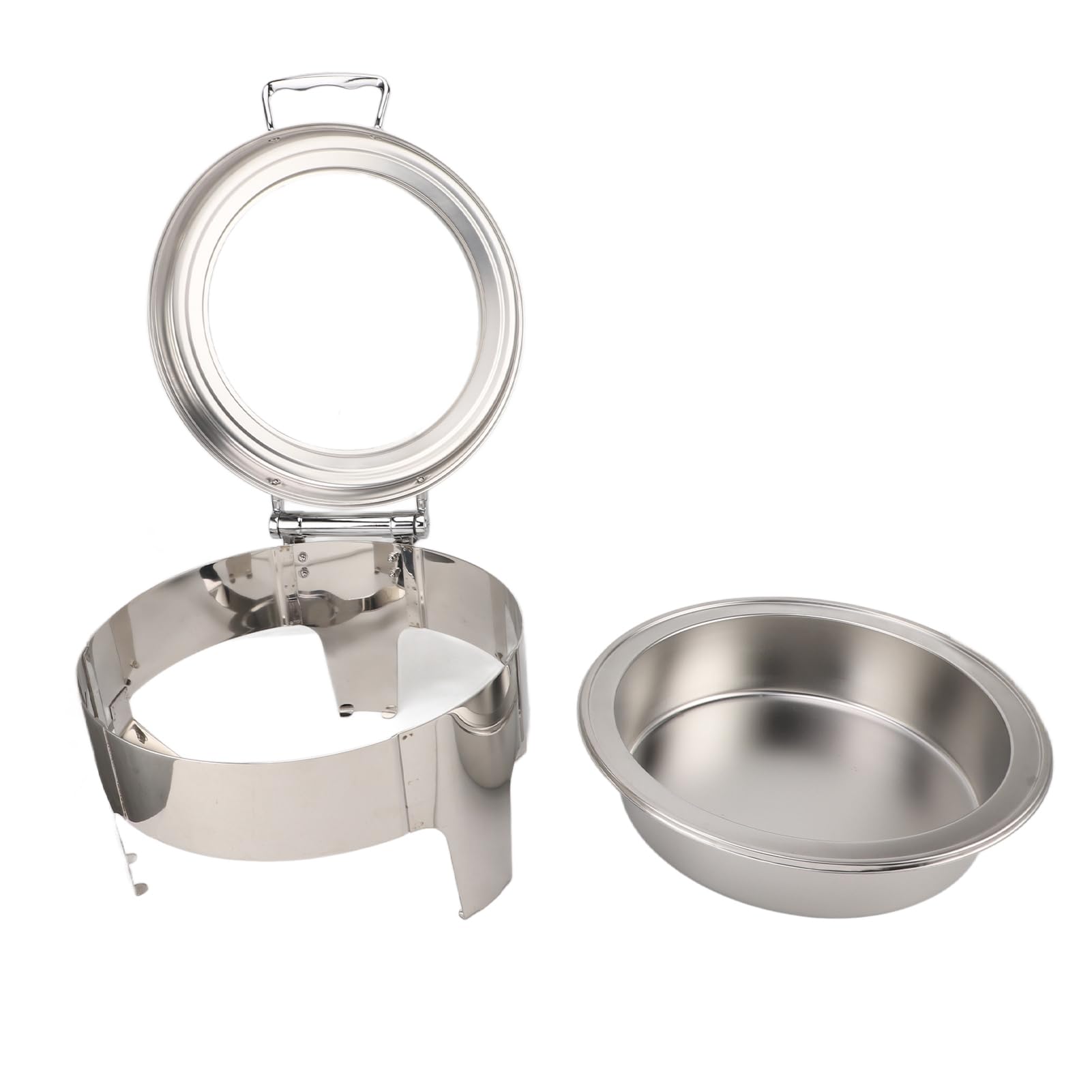 Plato Redondo de Acero Inoxidable de 6 Litros, Servidor de Buffet con Tapa de Vidrio Visible, Tapa Abatible de 90 Grados, Sartén Espesa, Calentador de Alcohol, para Buffet, Boda, Cena de