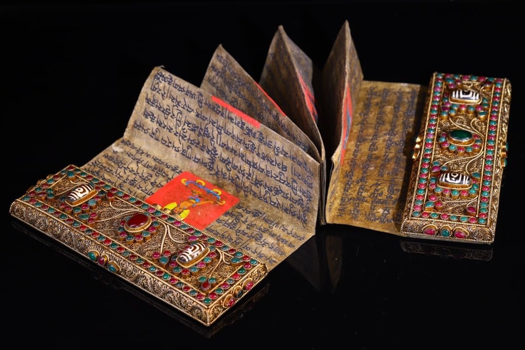 9"Tibetan Temple Collection Old Scriptures Tibetan Silver Filigree Mosaic Gem gZi Beads Scriptures Worship Hall Town house
