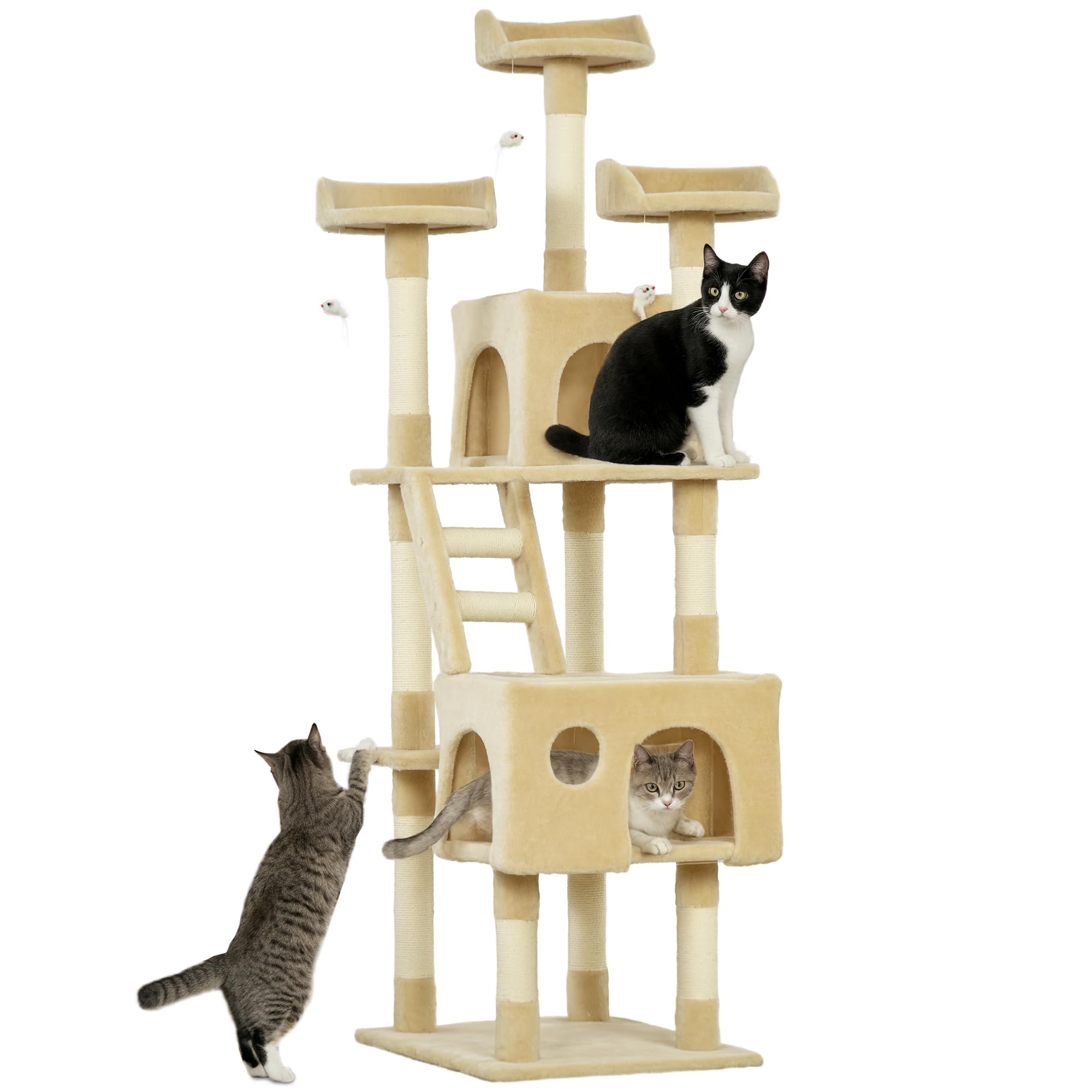 PawHut Rascador Árbol para Gatos Grande 60x49x180 cm con Poste de Arañar Múltiples Plataformas Escaleras Cuevas Juguetes Centro de Actividades Beige