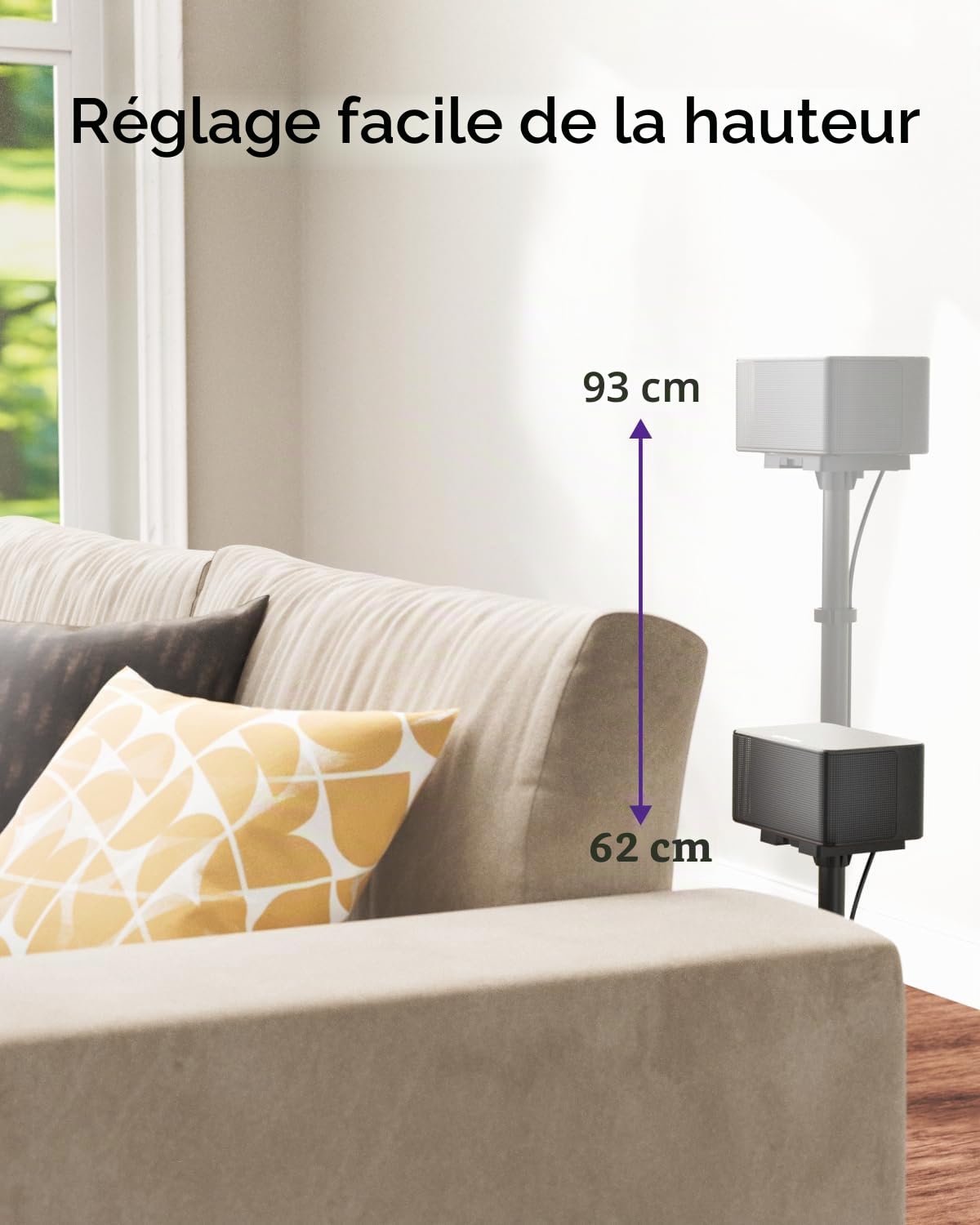 ULTIMEA Steady 310 – Lot de 2 Supports d’Enceintes universels Noirs, réglables en Hauteur de 62 à 93 cm, pour Enceintes Satellites et de bibliothèque, Charge maximale de 3 k