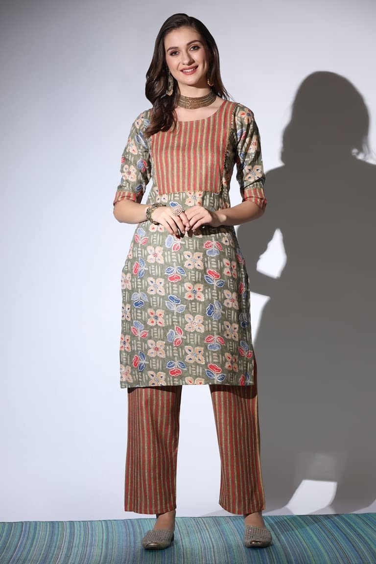 Dhruvi Trendz Women Cotton Blend Fancy Kurta Set Regular Fit Printed (Dt-K2704&P126_Mahendi_S)