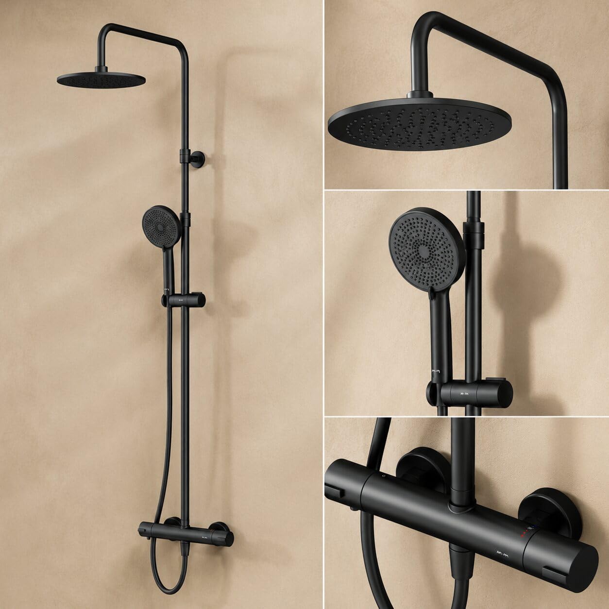 AM.PM Play – Duschsystem mit Thermostat | Duscharmatur Komplettset mit Regendusche & Handbrause | Höhenverstellbare Brausestange 5 Strahlarten | Air In & Duschkopf Antikalk | Rub&Clean | Schwarz Matt