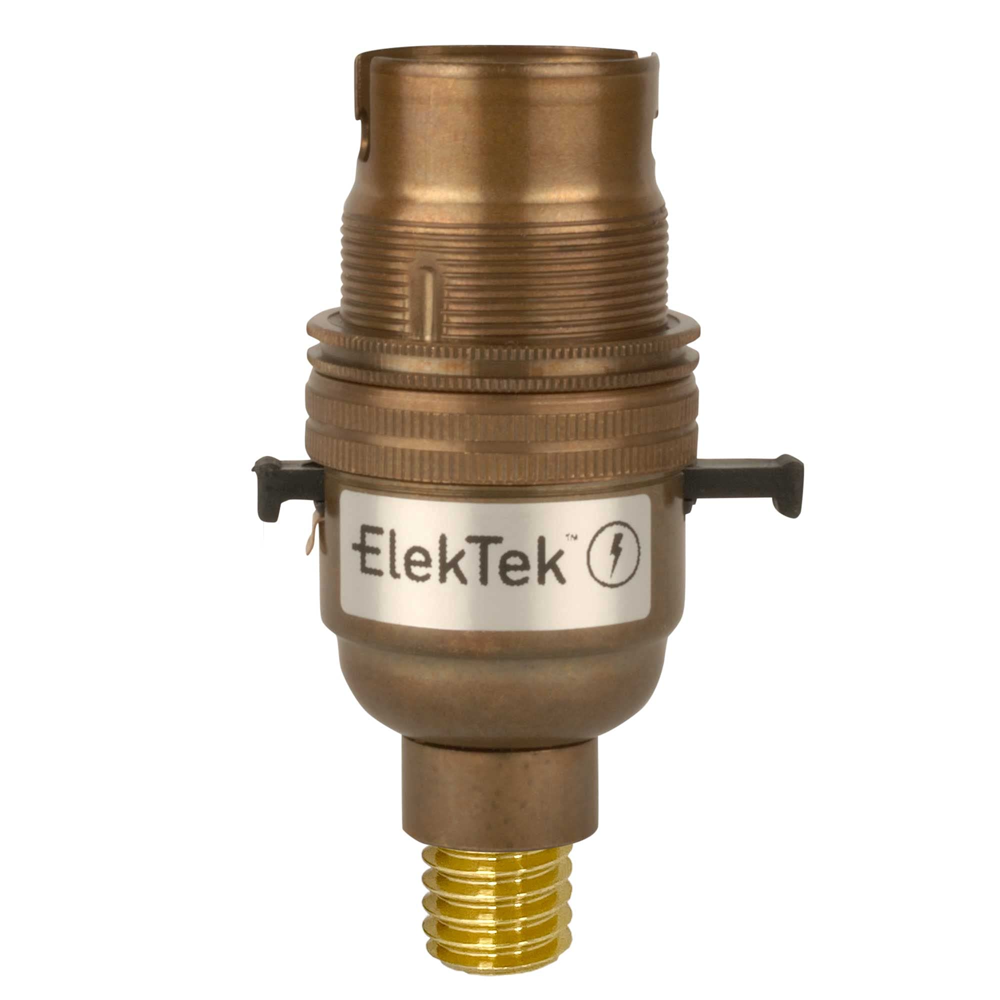 ElekTek Safety Switched Lamp Bulb Holder B22 BC Bayonet Cap & Shade Ring - 7/16th Screw Wood Mount base Antique Brass Made in UK - Child Safe Switch Push Bar locks OFF & cuts power if no bulb fitted — image 1