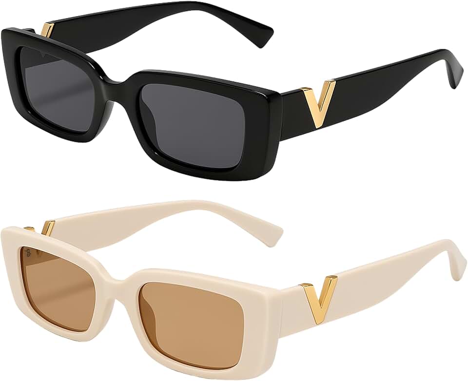 Kit 2 Óculos de Sol Feminino Retrô 90s Estilo Y2K — Design Quadrado, Vintage, Leve e Confortável – (Preto + Bege)
