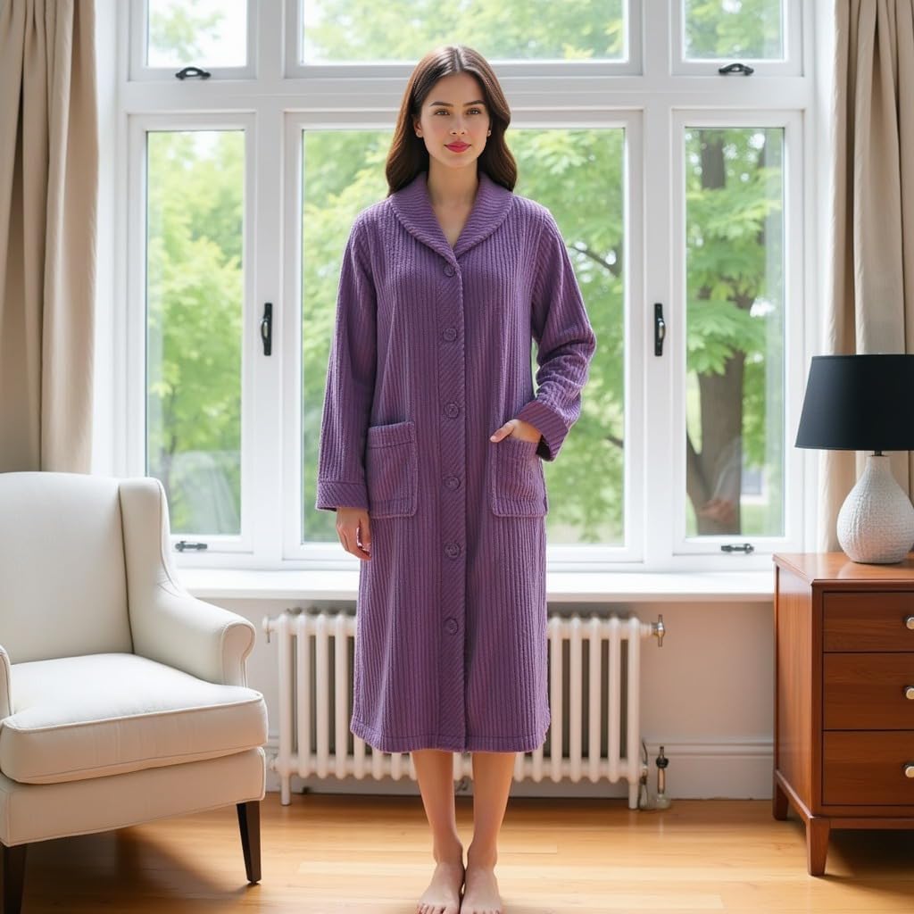 Loungees Women’s Plush Fleece Robe, Mid-Length Button Front Bathrobe with Shawl Collar – Soft Coral Fleece Robe