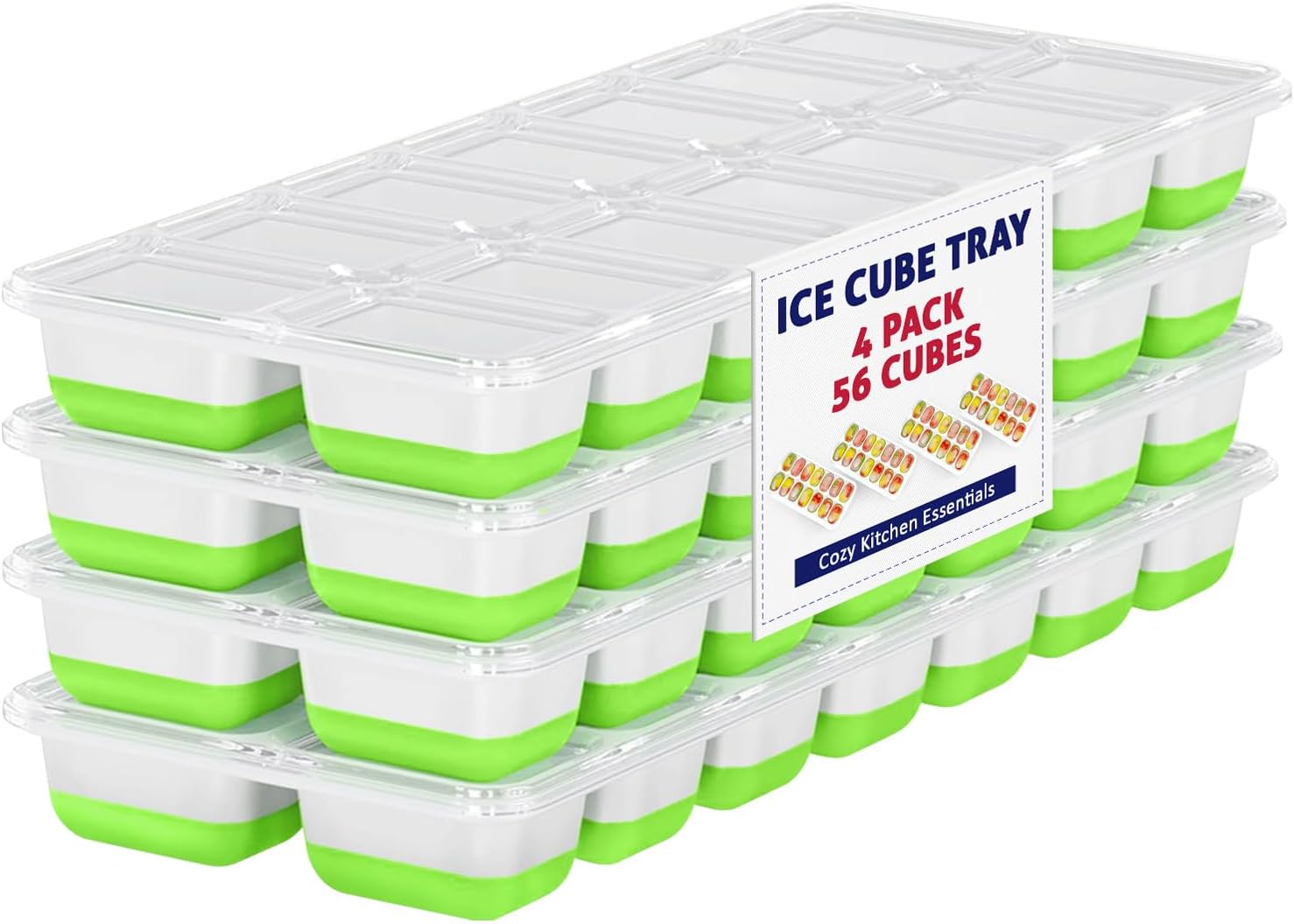 CKE Ice Cube Tray with Lid, 4 Pack Premium Easy-Release 56 pcs Stackable Silicone Plastic Ice Cube Trays for Freezer with Spill-Resistant Removable Lids, BPA Free, for Baby Food, Drinks, Whisky