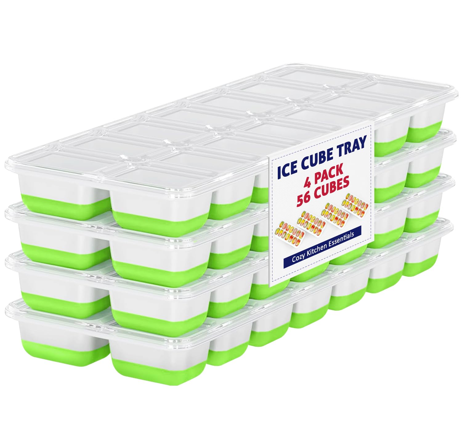 CKE Ice Cube Tray with Lid, 4 Pack Premium Easy-Release 56 pcs Stackable Silicone Plastic Ice Cube Trays for Freezer with Spill-Resistant Removable Lids, BPA Free, for Baby Food, Drinks, Whisky