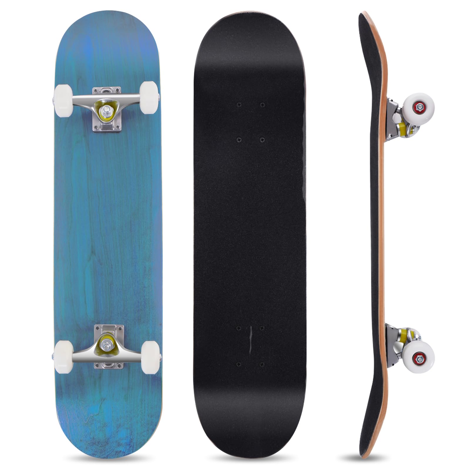 GYMAX Skateboard, 31 x 8 Inch Complete Skateboard with ABEC-7 Ball Bearings, 7-Layer Maple Wood Deck Double Kick Standard Skateboards for Kids Adult Beginners, Blue