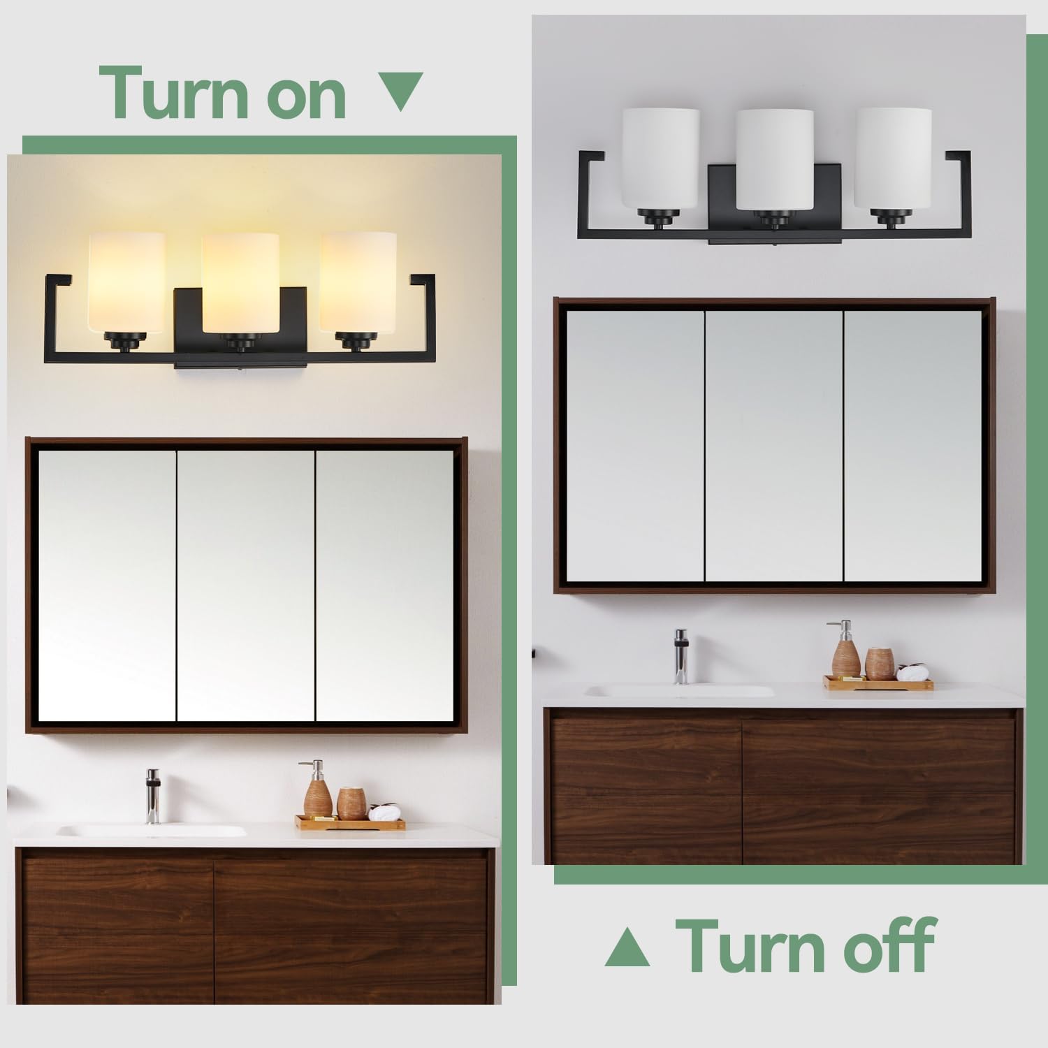 3-Light Bathroom Light Fixtures, Black Bathroom Lighting Fixtures Over Mirror with Milky White Glass Shades, Modern Vanity Lights for Mirror Hallway Bedroom Living Room