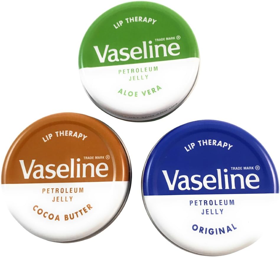 Vaseline Petroleum Jelly Lip Balms - THREE 20g Pocket Size Tins - Aloe Vera, Cocoa Butter, Original, Lip Repair Therapy Protects Dry Cracked Chapped Lips. By Kerhoot.