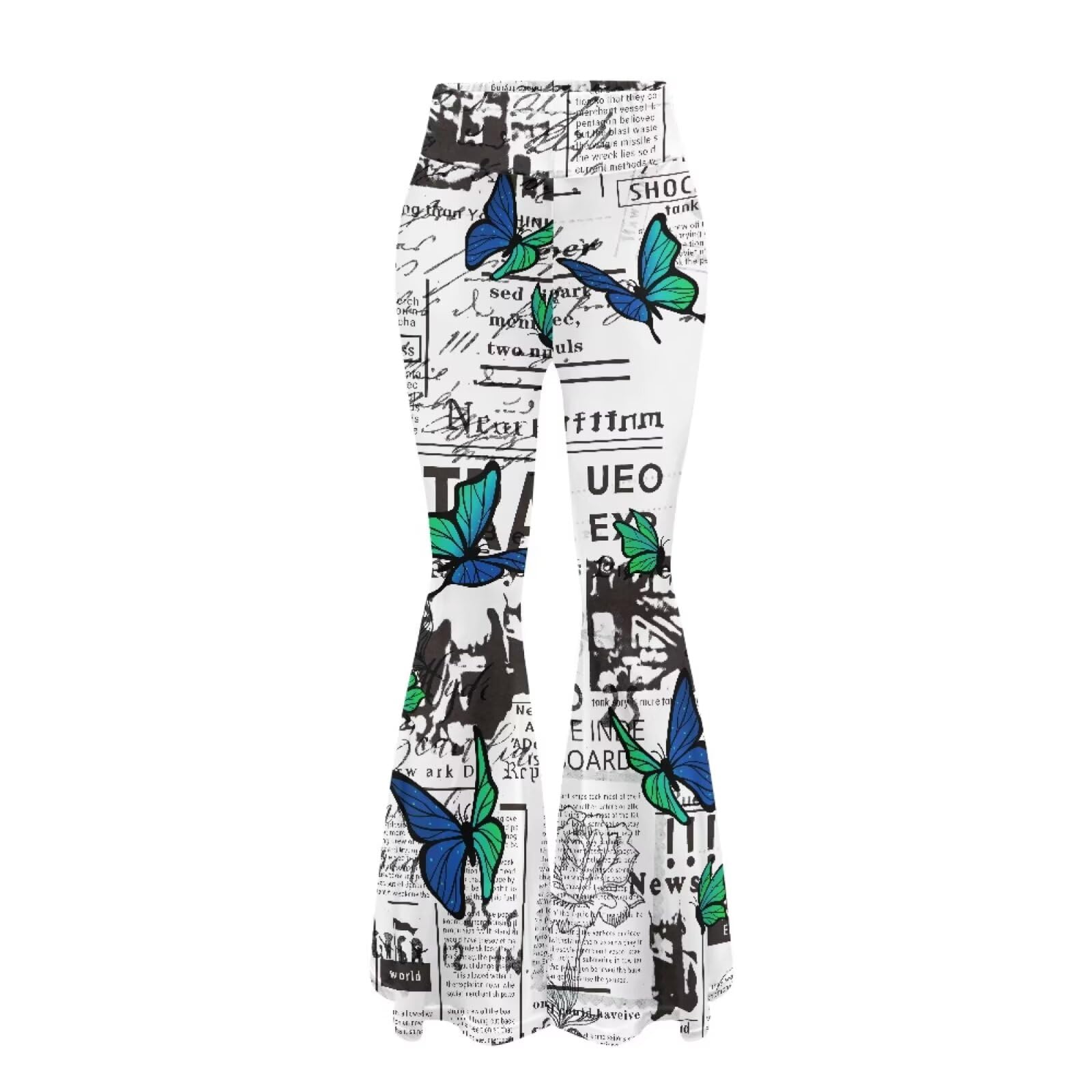 SYtrade Green Butterfly Newspaper Grey Bell Bottom Pants for Women Elastic Waist Flare Yoga Pants