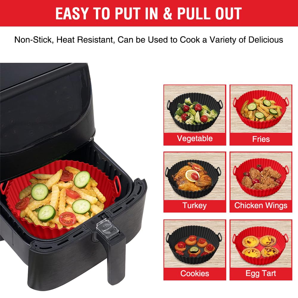 Forros redondos de silicona para freidora de aire, paquete de 2 bandejas reutilizables para hornear, accesorios para horno, rojo y negro