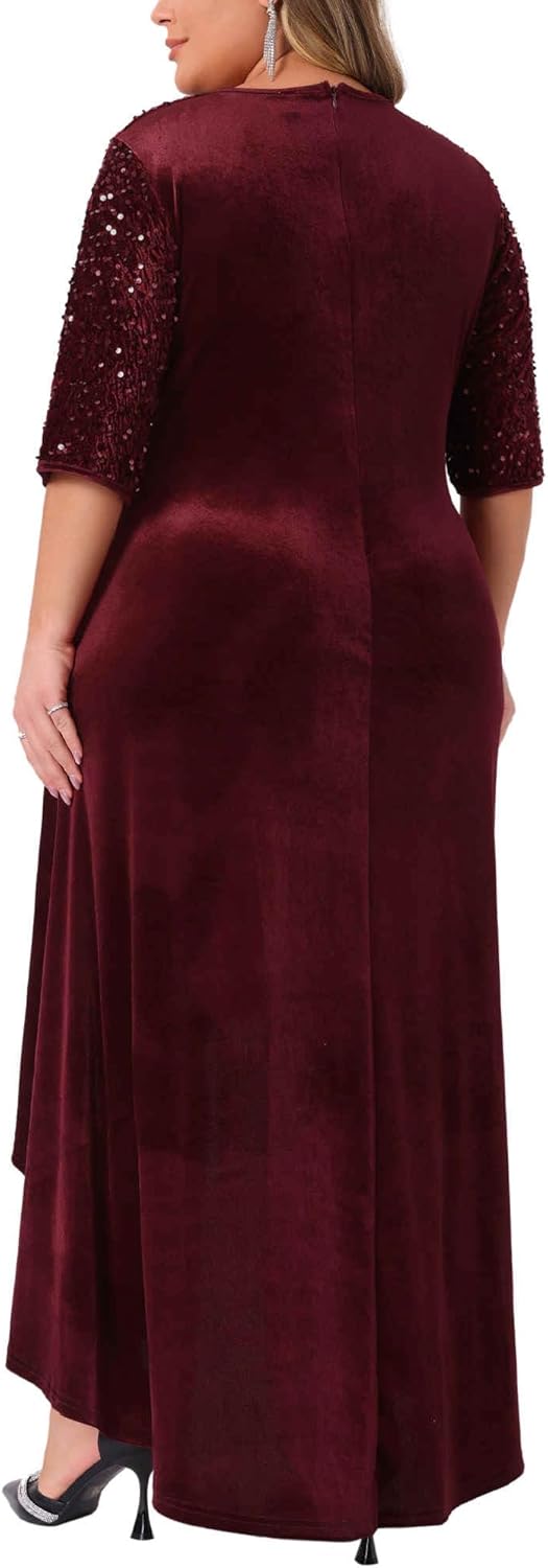 Agnes Orinda Plus Size Velvet Dresses for Women Sweetheart Neck Sequin Sleeve High Low Hem Party Maxi Formal Dresses - Image 4