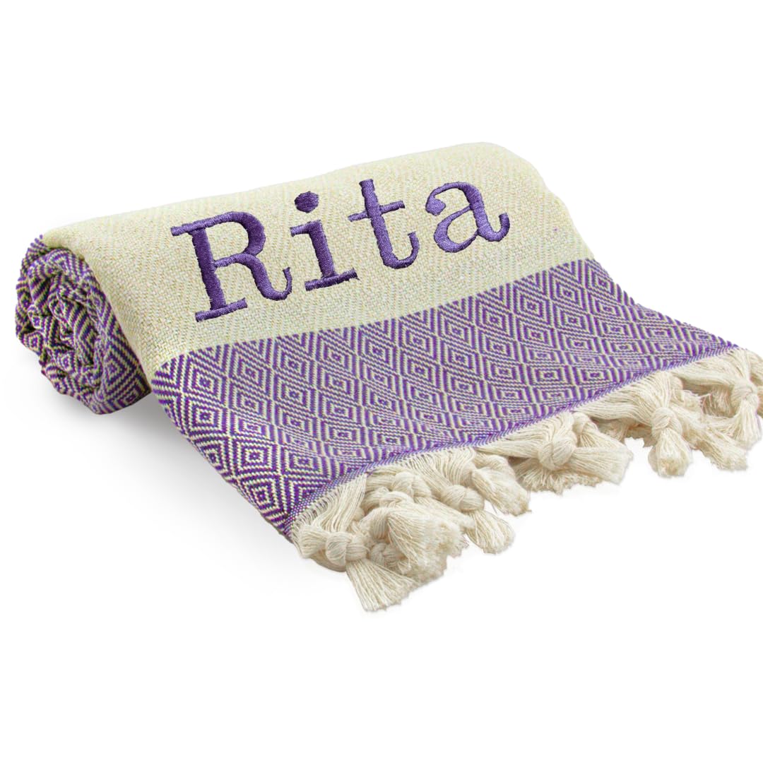 LadybirdsUSA Personalized Turkish Beach Towel with Embroidery 100% Cotton Extra Large Fast Dry Sand Free Lightweight Travel Towels for Adults Custom