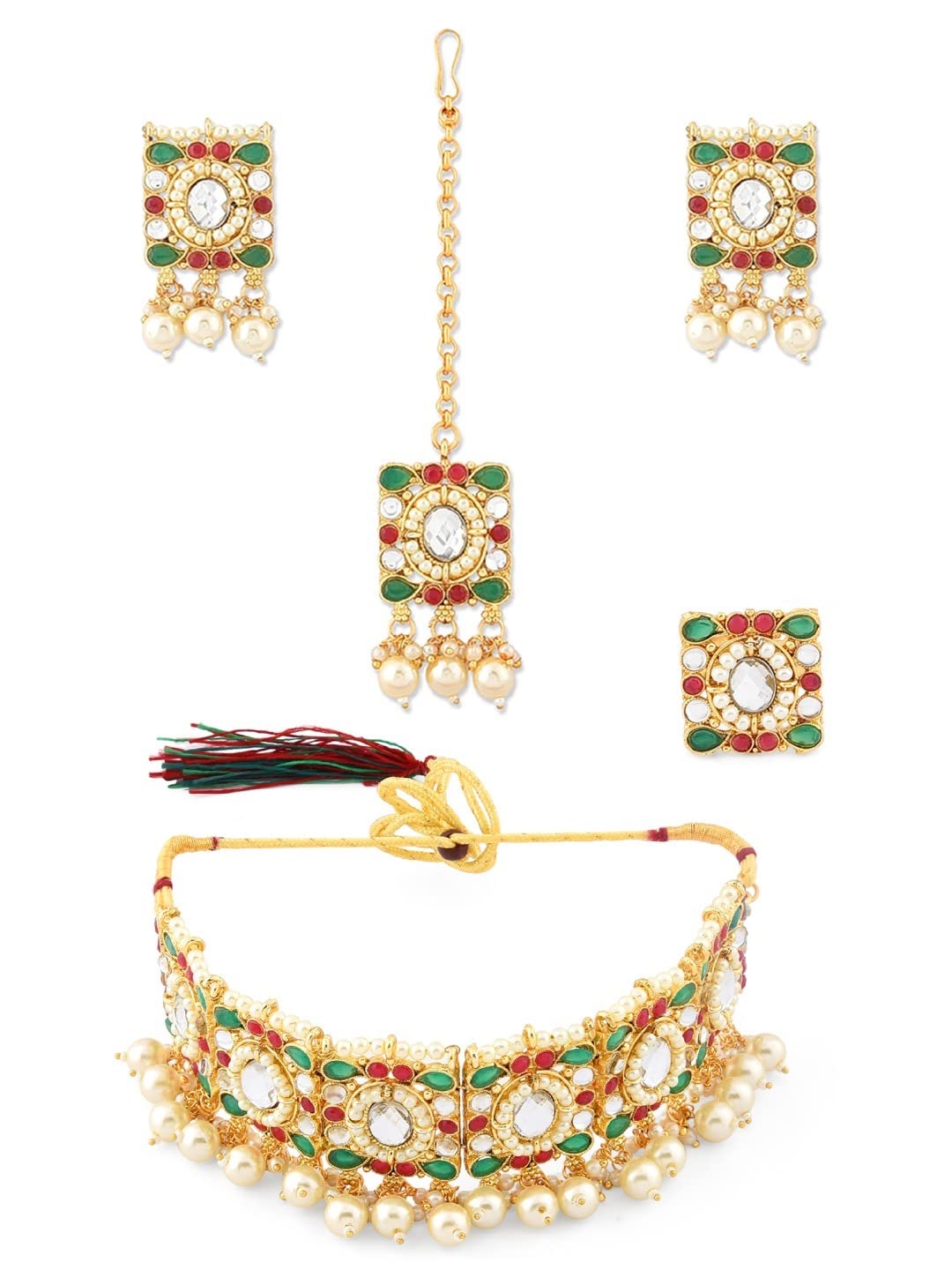 ZAVERI PEARLS Green & Pink Stones Ethnic Choker Necklace Earring Maangtikka & Ring Set For Women-ZPFK12124 (B09RG8KY2K) Amazon Price History, Amazon Price Tracker