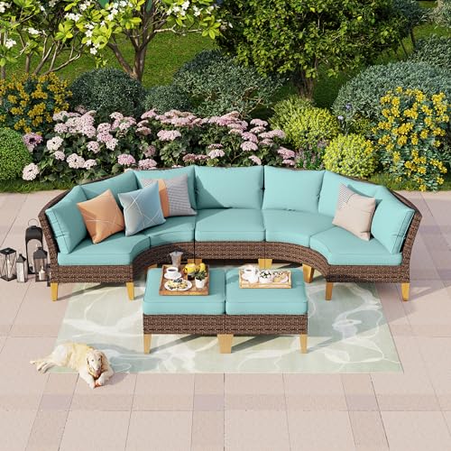 PHI-VILLA-7-Piece-Outdoor-Patio-Conversation-Set-Half-Moon-Curved-Sectional-Sofa-Outdoor-Rattan-Furniture-Patio-Set-for-7-Seats-with-Cushioned-4-x-Fan-Sofa-1-x-Armless-Chair-and-2-x-Ottoman-Blue PHI VILLA 7 Piece Outdoor Patio Conversation Set Half Moon Curved Sectional Sofa Outdoor Rattan Furniture Patio Set for 7 Seats with Cushioned 4 x Fan Sofa 1 x Armless Chair and 2 x Ottoman Blue