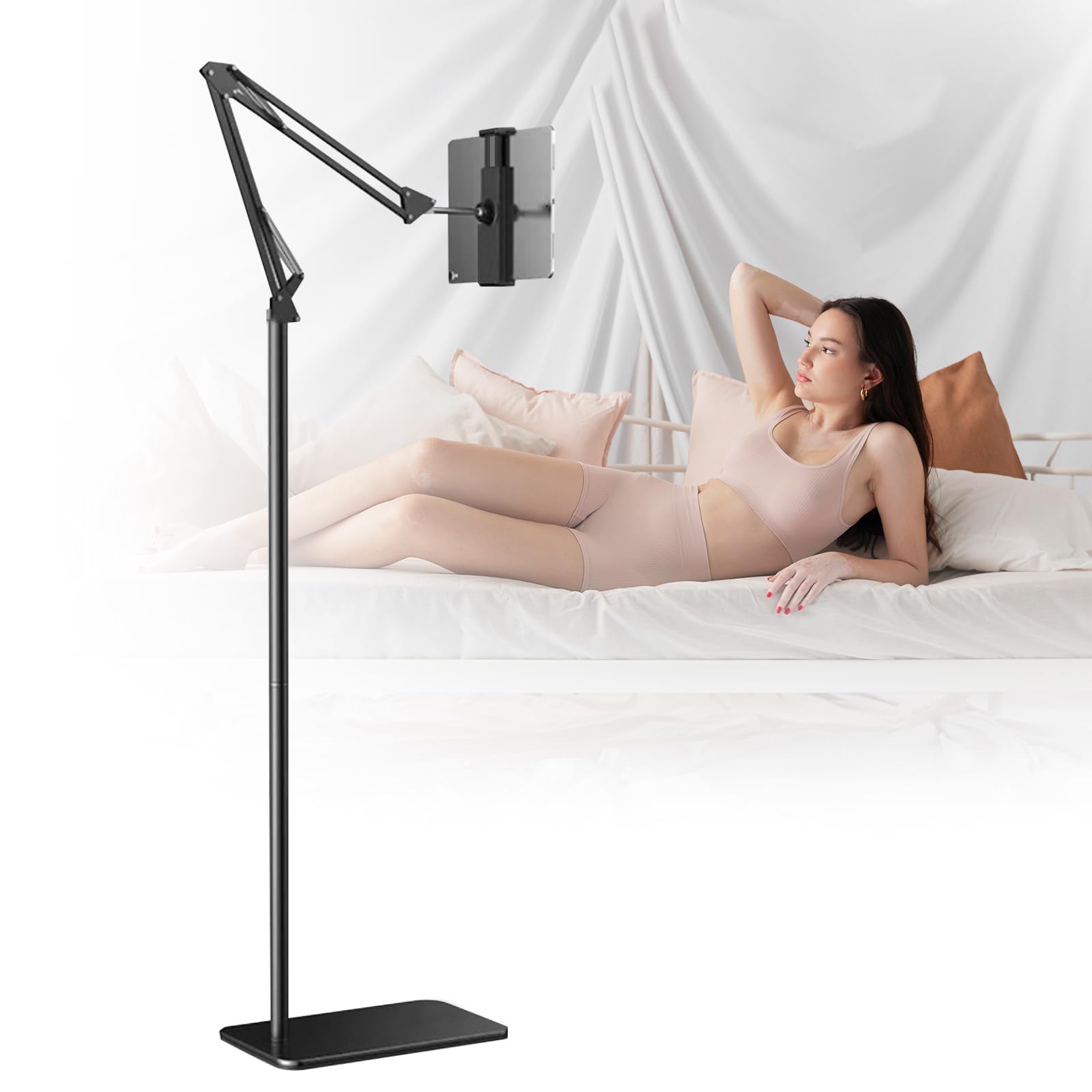 Support Tablette Lit, Support de Tablette Réglable Universel Rotatif à 360 Degrés en Métal, Supports pour Tactile, Tablet Stand avec Bras Stable pour Appareils de 4,7 à 12,9 Pouces