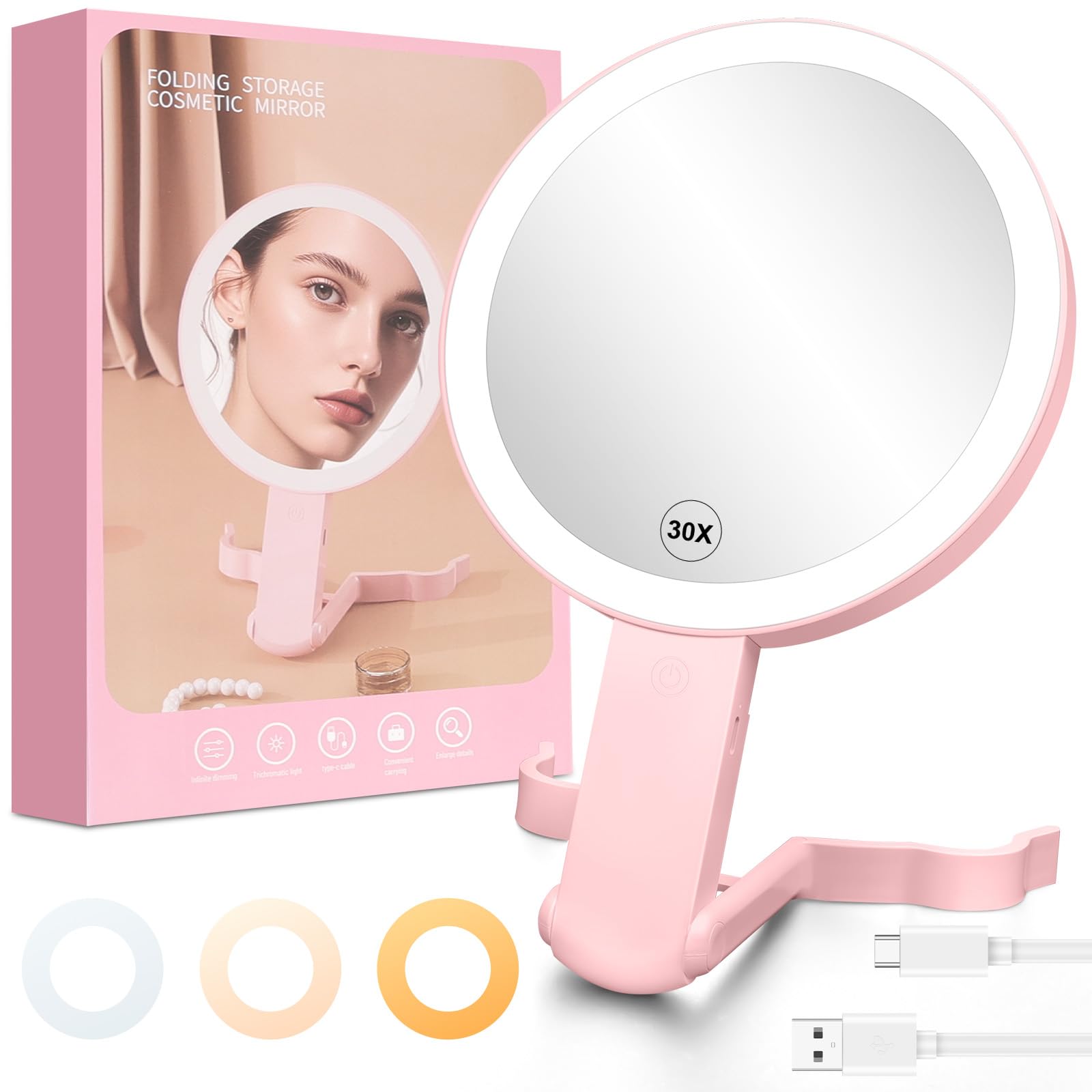 AUAUY Travel Makeup Mirror with Light, 3 Color Lights Brightness Adjustable