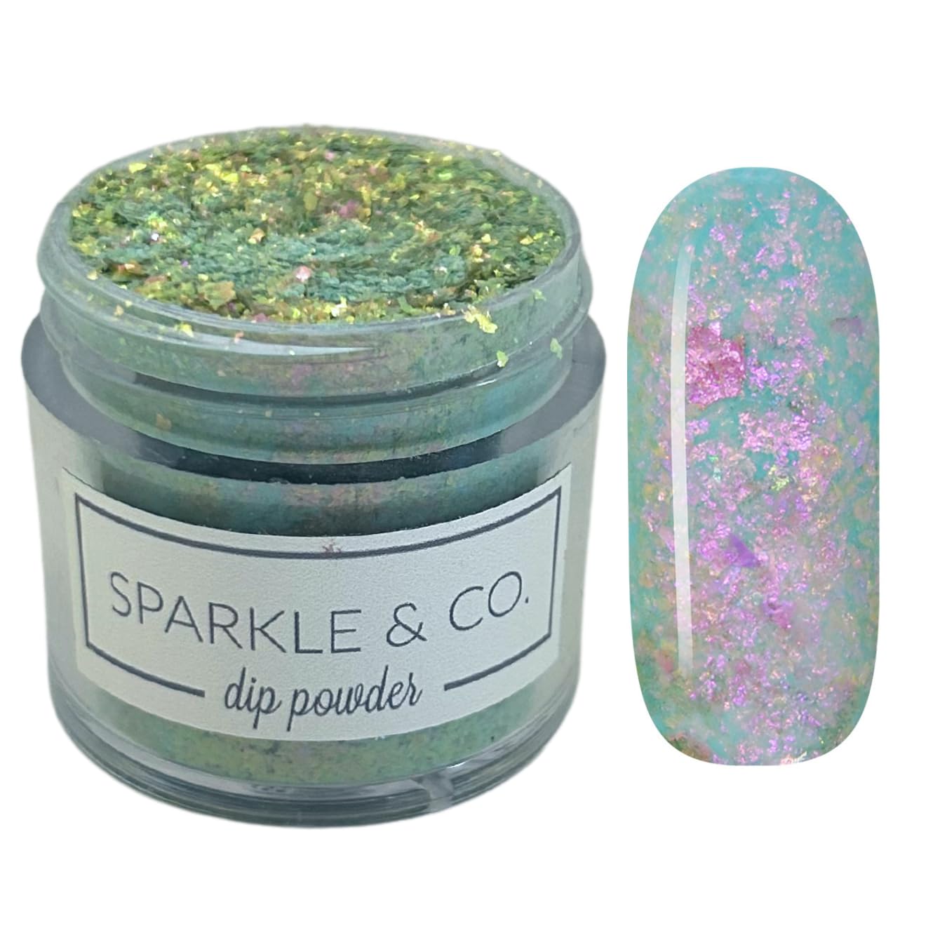 Sparkle & Co. Dip Powders – Secret Menu: Crystals Paradise Island Glow (Turqouise Glow with Opal Flakes) 1 Ounce Dipping Powder Jar For Manicure DIY Summer Shade, No Lamp Needed
