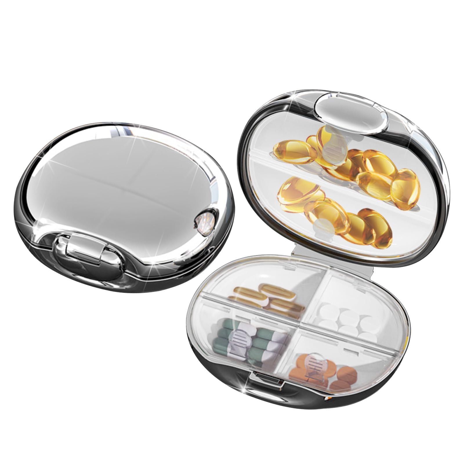 NALACAL Travel Pill Organizer with 6 Compartments, Portable Weekly Vitamin Planner and Large Capacity Pill Box for Fish Oils, Silver Plated Design