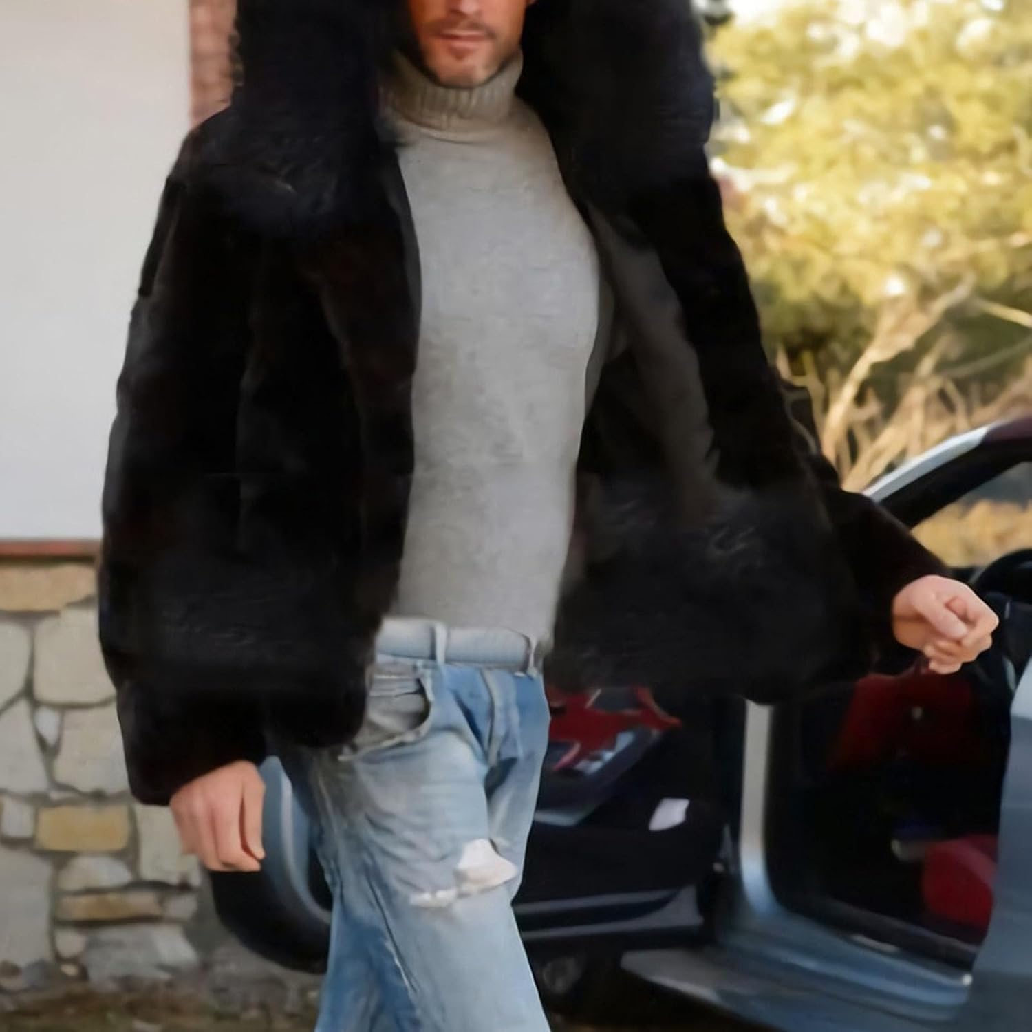 Men's Faux Fur Coat, Warm Fluffy Fuzzy Fleece Jacket with Lapel Collar for Winter Trendy Fashion Outerwear