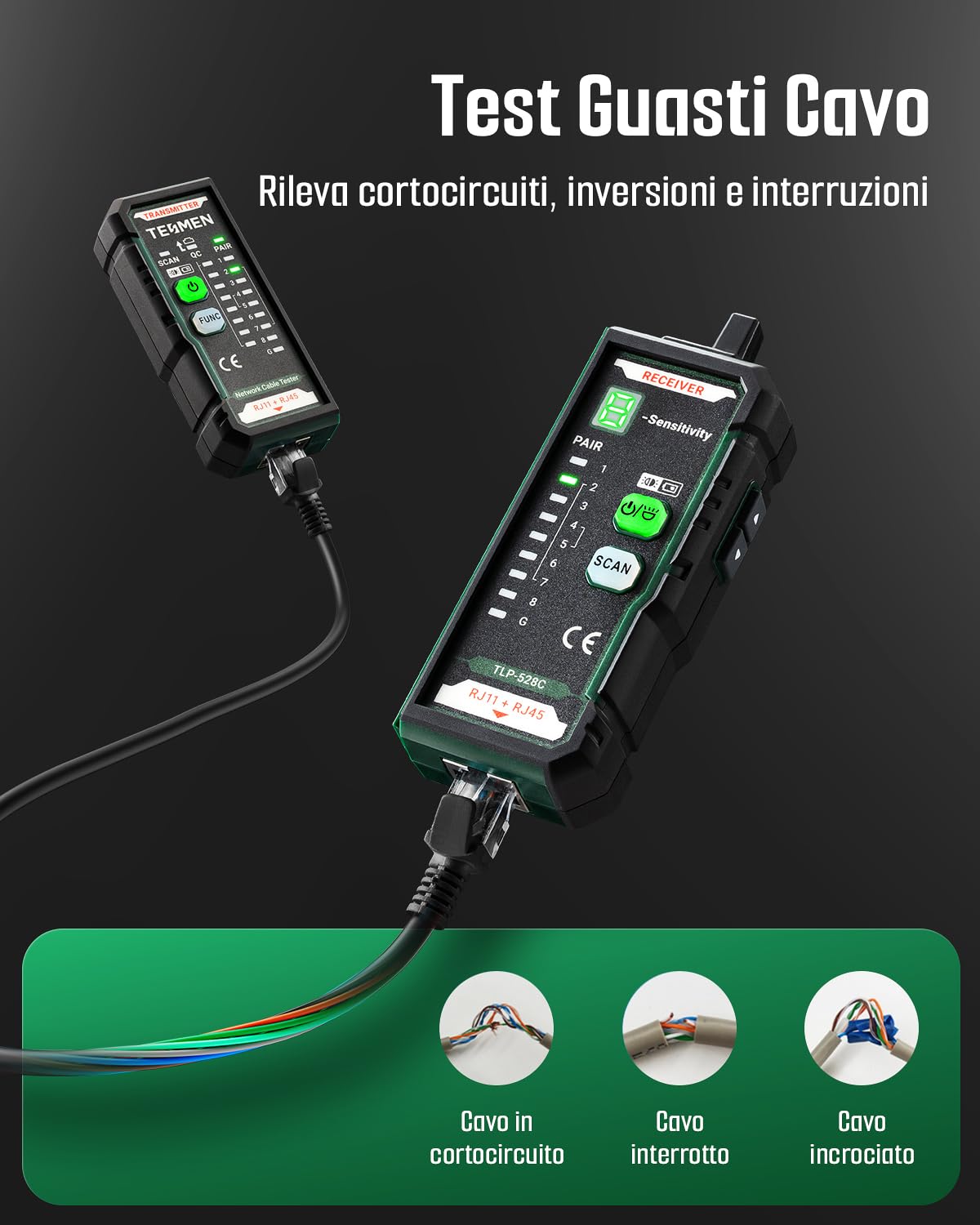 TESMEN TLP-528C Tester per cavi di rete, RJ11/RJ45, localizzatore Ethernet CAT5/CAT6 con test continuità & QC, rilevatore LAN e linee telefoniche, ideale per manutenzione cavi – Verde