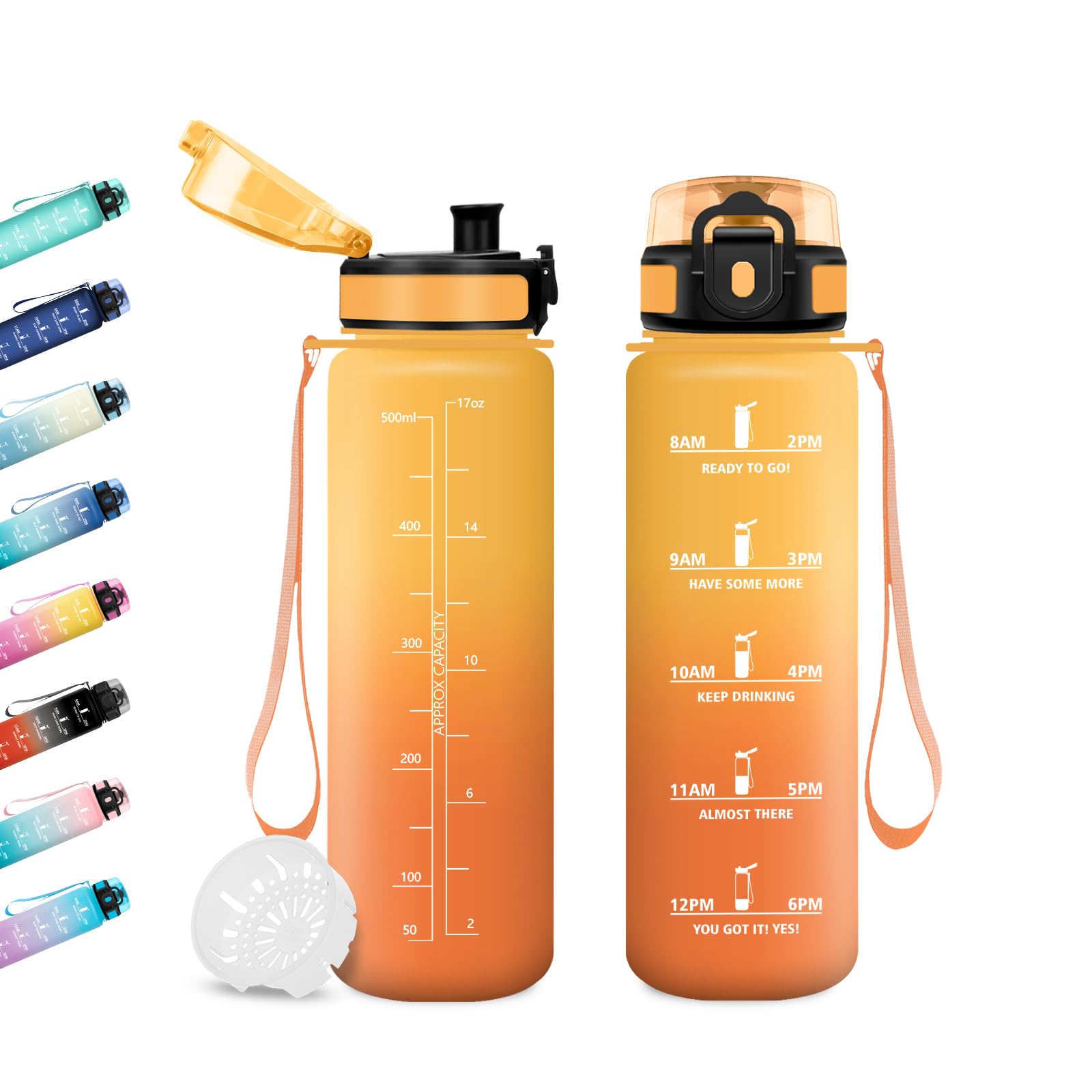 JAPORIA 500ml Water Bottle, Filter Bottle, Reusable Water Bottle, Water Bottles with Time Markers for School, Office