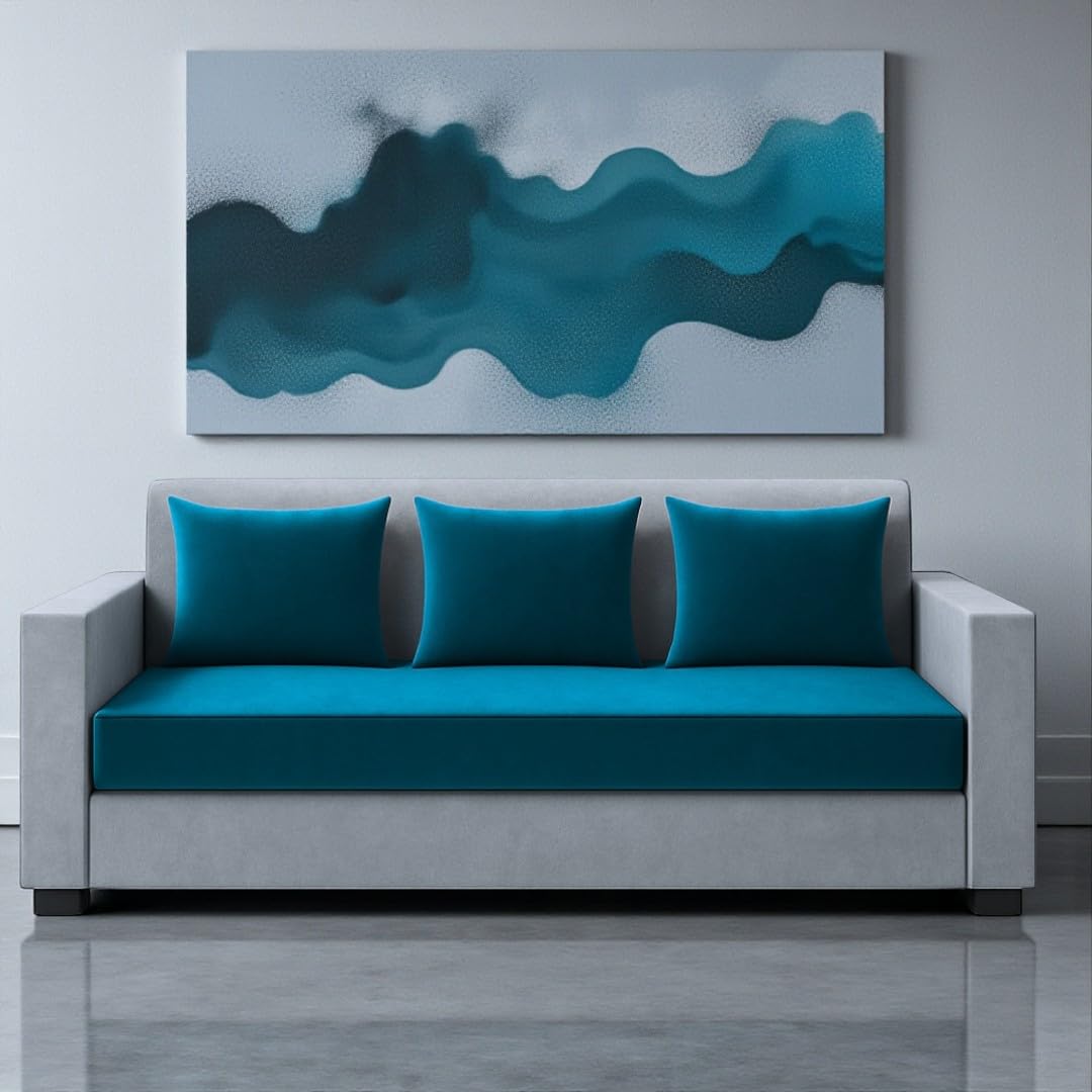 FURNY Lexon 3 Seater Fabric Sofa Set (Aqua Blue-Light Grey) Premium Velvet Finish | Durable & Comfortable | Ideal for Living Room