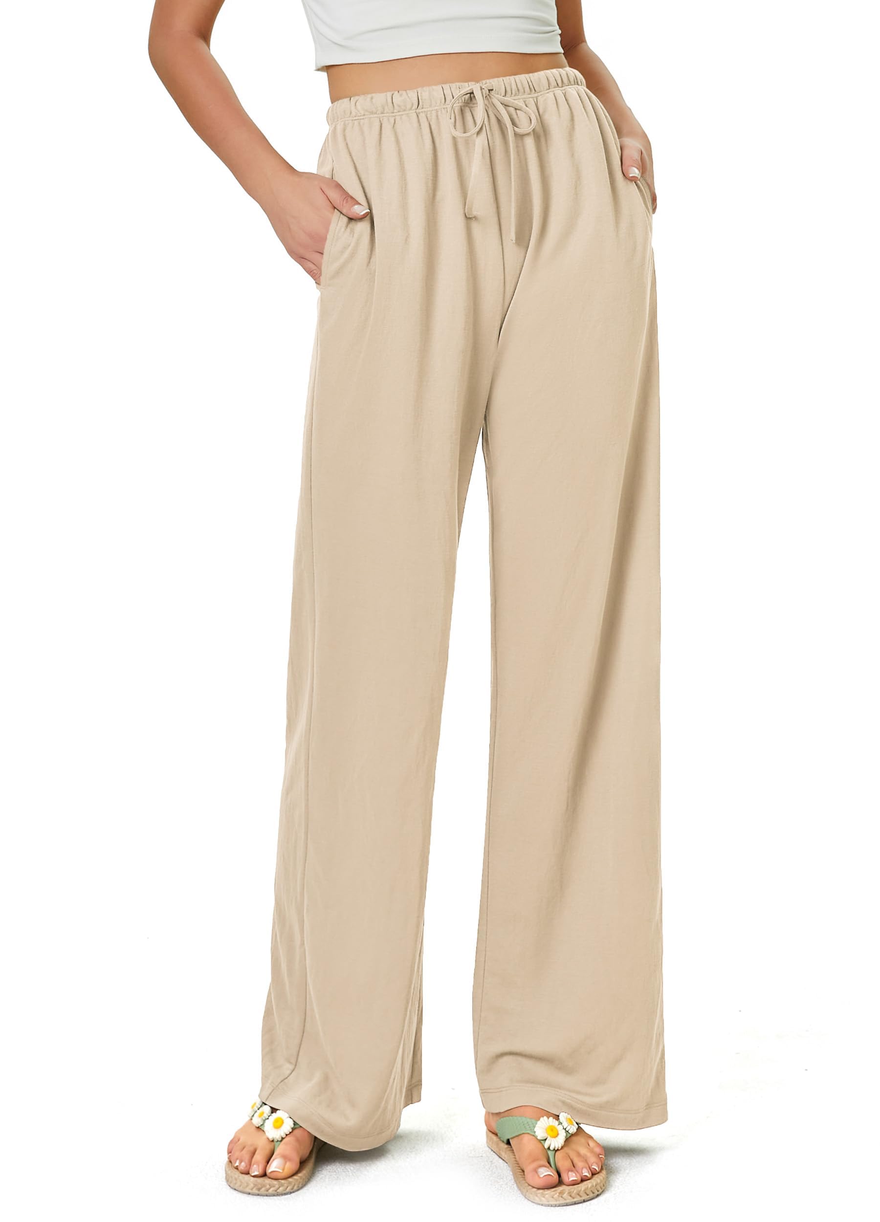 Glacspyg Damen Hosen Flowy Wide Leg Freizeithose Casual Beach Strandhose High Waisted Kordelzug Palazzo Hosen mit Taschen