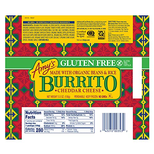 Amy'S Frozen Meals, Gluten Free Cheddar Cheese Burrito With Beans And Rice thumb #3