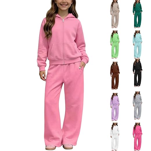 Girls Sweatsuit Fall Winter Kid Zip Up Hoodie And Sweatpants Set 5-14 Years