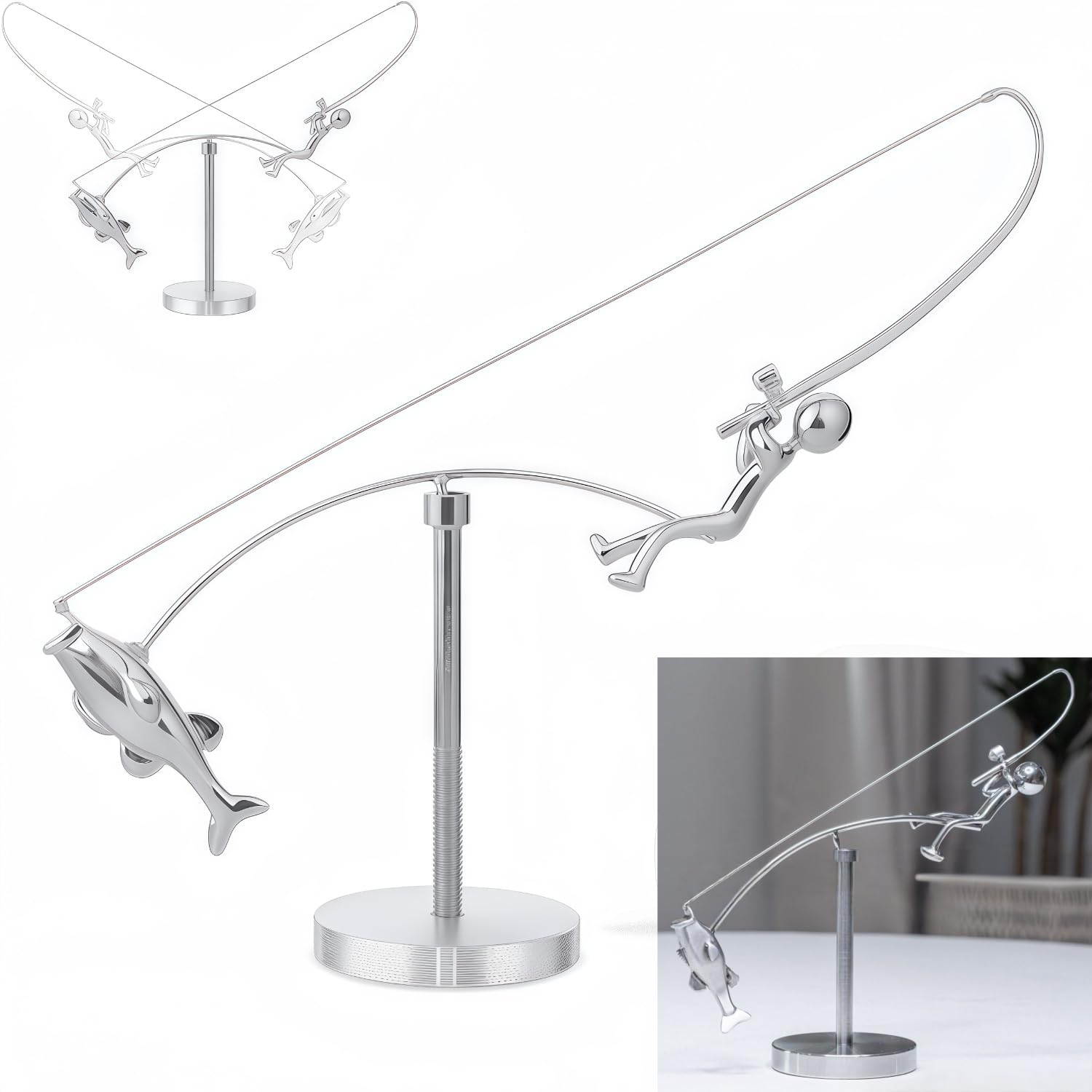 The Fisherman Balancing Sculpture,Kinetic Fishing Sculpture - Balance Art for Your Space,Fisherman Kinetic Balancing Desk Toy,Stainless Steel Balance Fishing Physics Toy