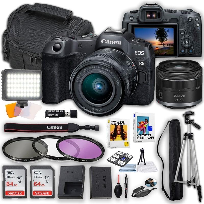 Canon EOS R8 Mirrorless Camera with Canon RF 24-50mm Lens + LED Video Light + 2X 64GB Memory Cards + Memory Card Reader + Camera Case + Filters + Tripod & More (Renewed)