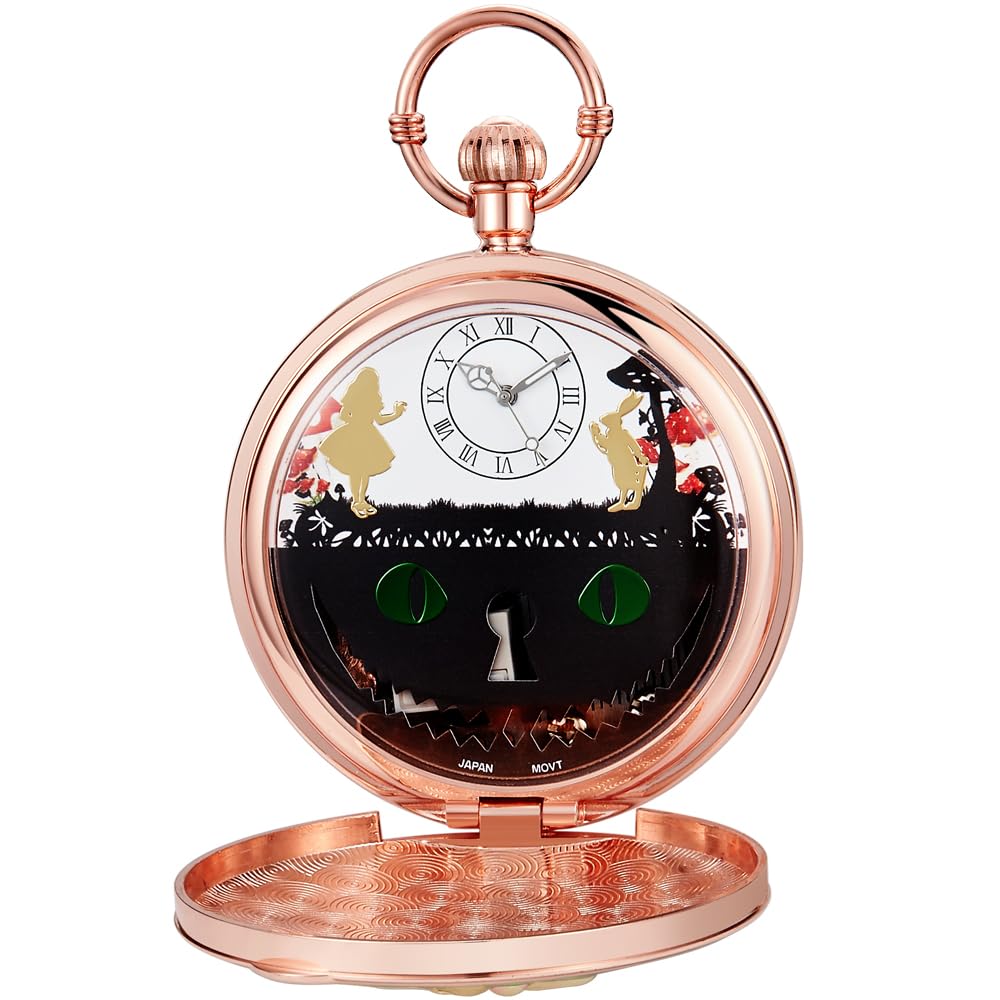 Tiong Orologio da taschino Alice nel paese delle meraviglie con carillon a manovella, con catena, regalo di compleanno e laurea