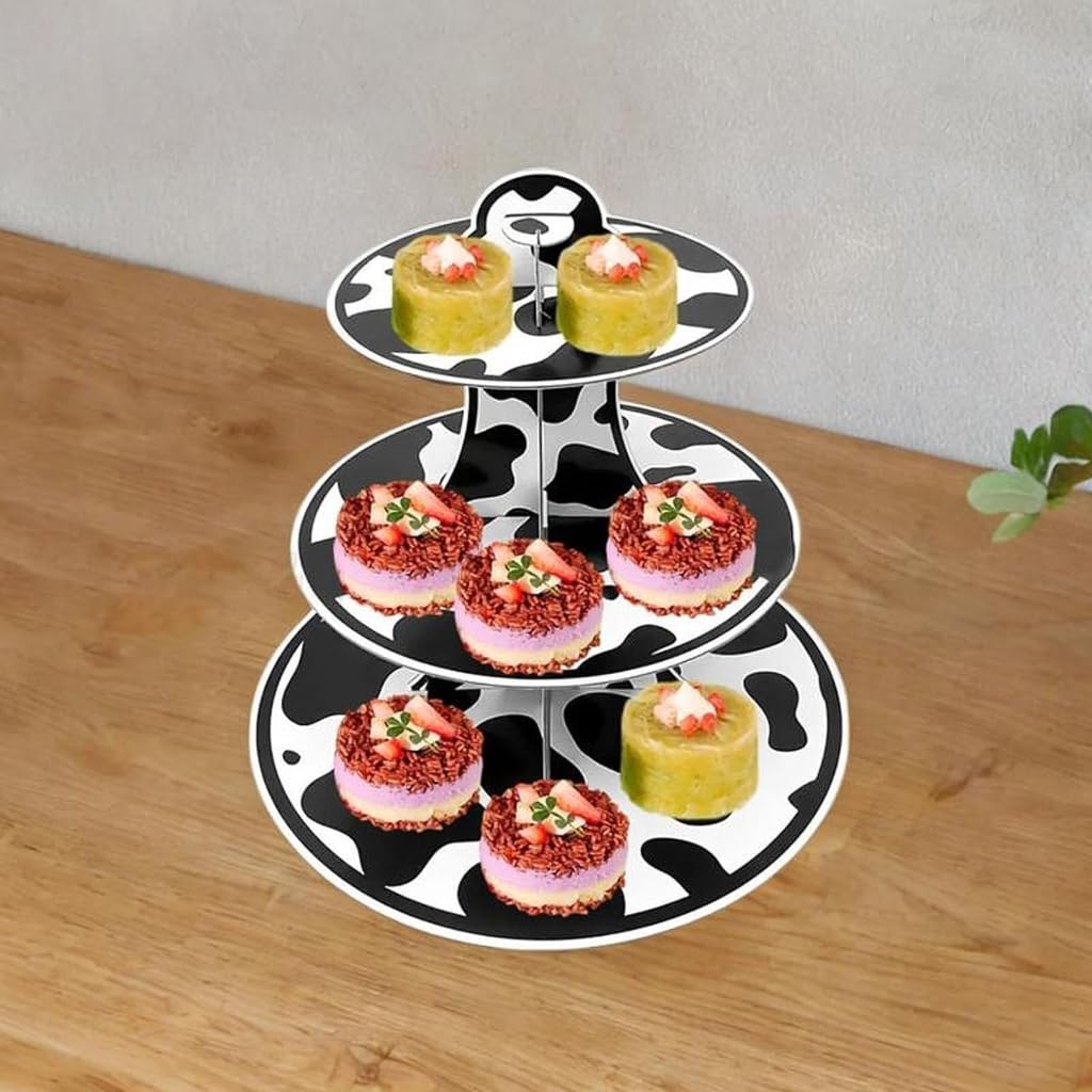 3 Tiers Cow Prints Cupcake Stand for Farm Themed Parties and Baby Showers Easy to Assemble and Store Dessert Display Rac