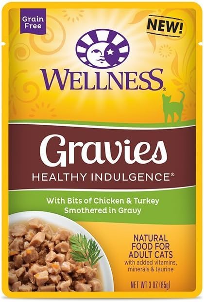 Wellness Healthy Indulgence Natural Grain Free Wet Cat Food, 3-Ounce Pouch (3) Shred Chicken & Turkey, (3) Shred Skipjack Tuna & Shrimp, (3) Gravie Chicken & Turkey, (3) Gravie Tuna & Mackerel (12 PK)