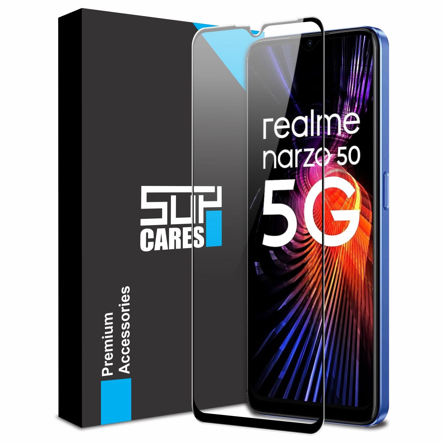 SupCares Tempered Glass for Realme Narzo 50, 50I, 50I Prime, 50A, 50A Prime, Realme 5 and 5I (6.6 Inch) With Installation Kit | 9H Edge to Edge Screen Protector | Black