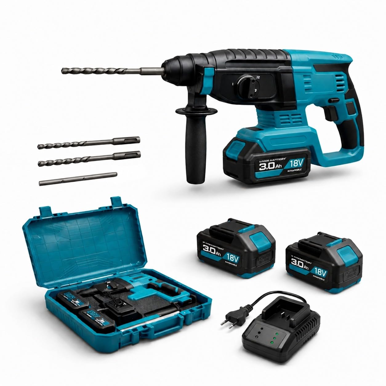 MAKA Martello Trapano Demolitore a Batteria 18V Professionale 3 in 1, Motore 1200 RPM 4500 BPM, Sistema SDS-Plus, 2 Batterie 3.4Ah, Set Punte e Scalpelli, Valigetta Inclusa per Cemento e Muratura (A)
