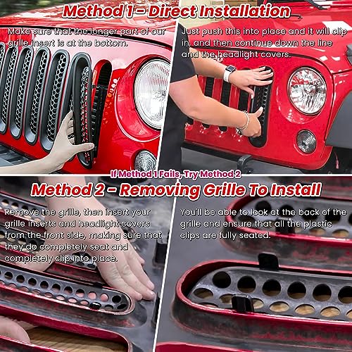 Image of Front Grille Mesh Inserts & Headlight Cover for Jeep Wrangler JK JKU Sport Freedom Rubicon Sahara Unlimited 2007-2018 Exterior Accessories Clip-in Grille Guard Headlight Bezels Trim (Matte Red)