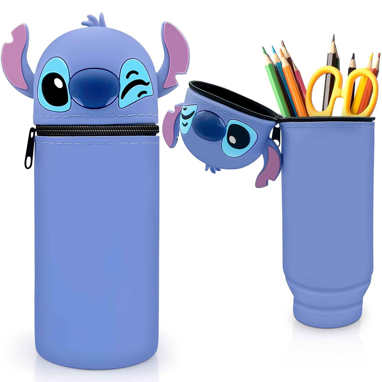 Ubephant Estuche Escolar Stitch NiñA, Legami Estuche, Estuche 2 en 1 de Silicona Suave, Estuche Y Soporte para BolíGrafos de Escritorio, Capacidad RetráCtil, Cierre de Cremallera
