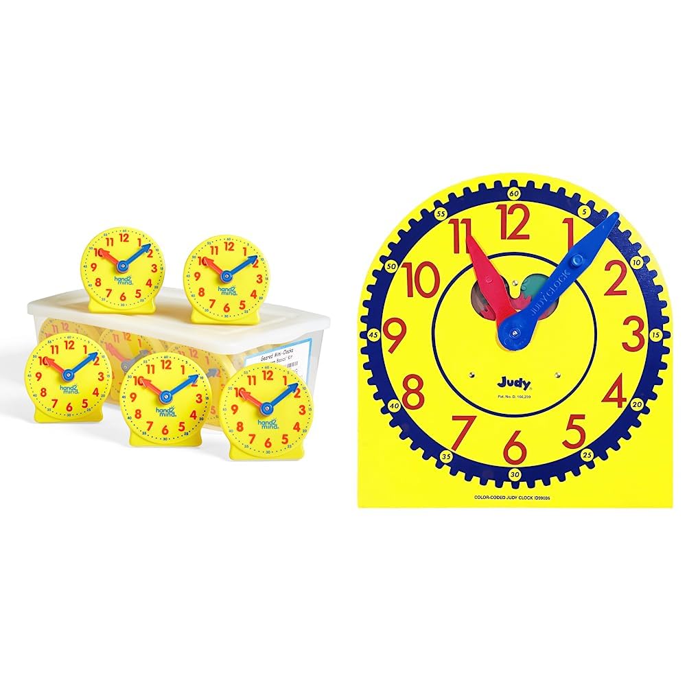 hand2mind Mini Geared Clock for Kids Learning Time (Set of 24) and Carson Dellosa 13" x 12" Judy Clock for Teaching Time