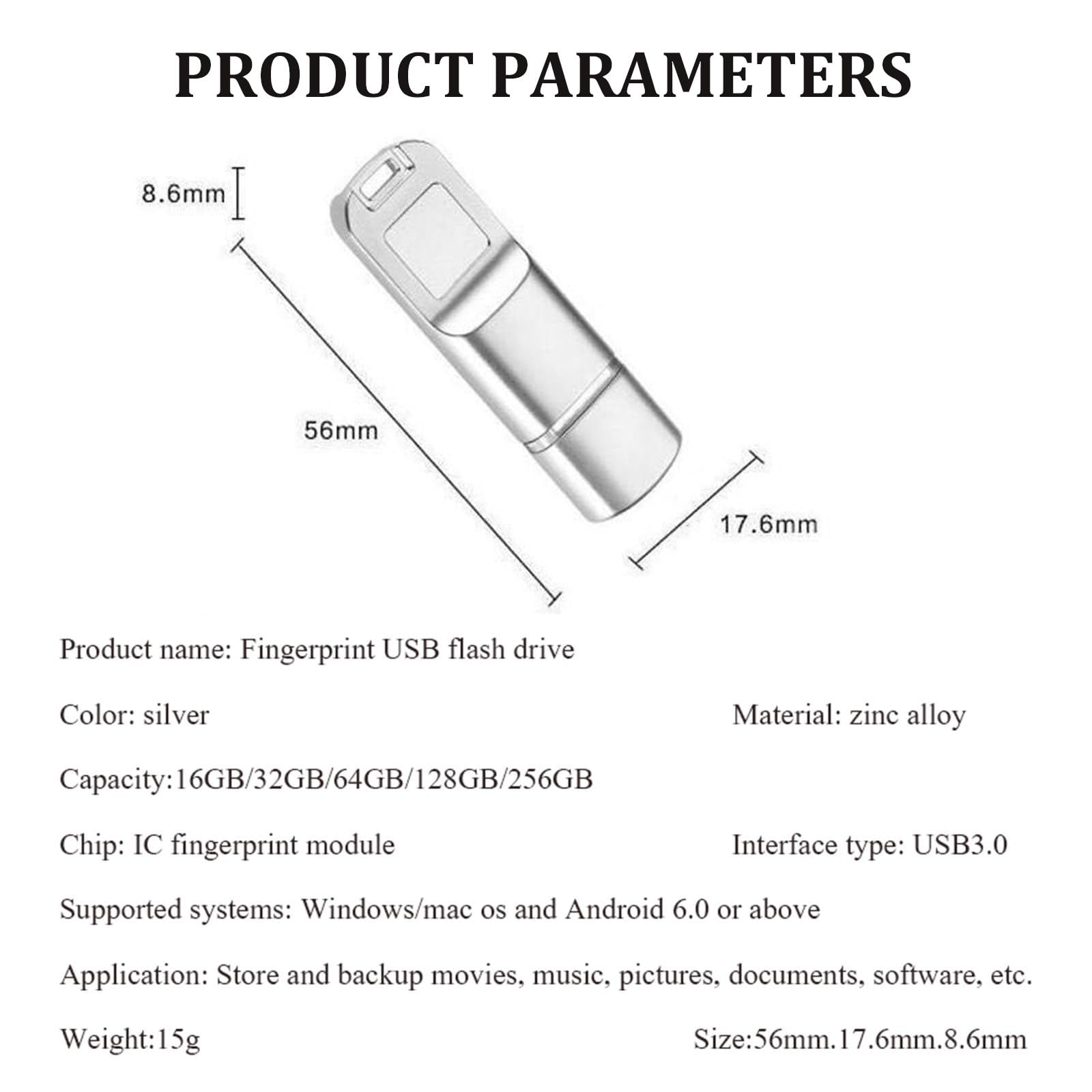 Chiavetta USB 3.0 Con Impronta Digitale,32 Gb/64 Gb/128 Gb/256 Gb, Chiavetta USB Antifurto per Ufficio, Memory Stick Con 10 Id Di Impronte Digitali Consentiti, Per Windows/Mac Os E Android 6.0 64GB
