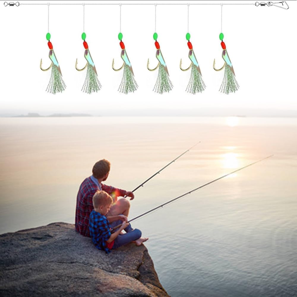 6 Pezzi di Piume di Sgombro,36 Ami in Totale con 3 Misure Attrezzatura da Pesca in Mare Pre-legata con Perline Luminose ed Esca Bionica per Sgombro Merluzzo Merluzzo Bianco e Spigola