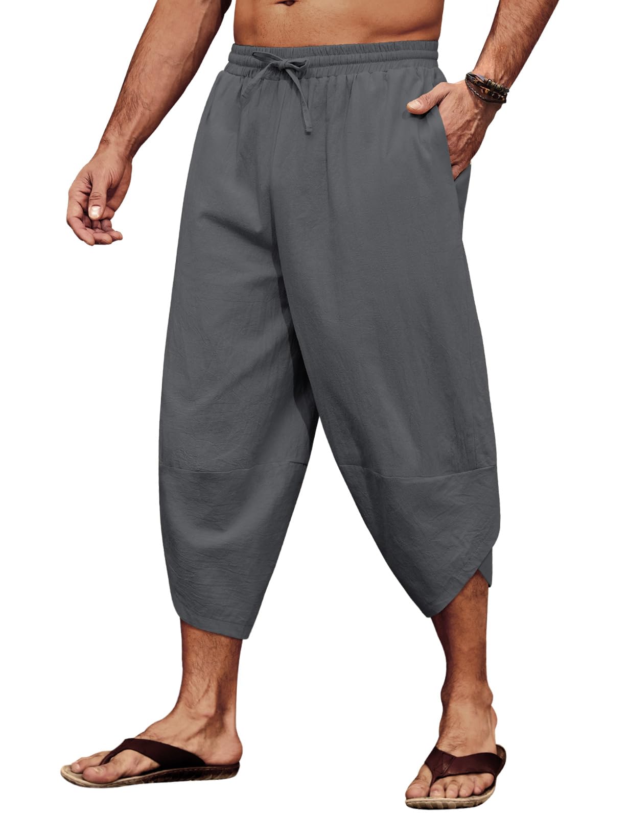 CMTOP Hose Herren Leichte 3/4 Sommerhose Baggy Freizeithose Strandhose Yoga Hose Elastische Taille Baumwolle Haremshose mit Kordelzug und Taschen