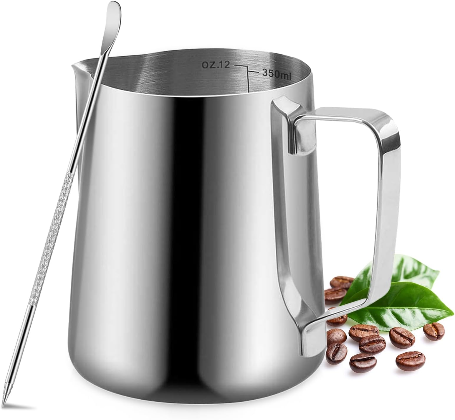 Milk Frothing Pitcher, 350ml/12oz Milk Frother Cup Stainless Steel Jug Steaming Pitcher, Milk Coffee Cappuccino Latte Art Barista Steam Pitchers Milk Jug Cup with Decorating Pen