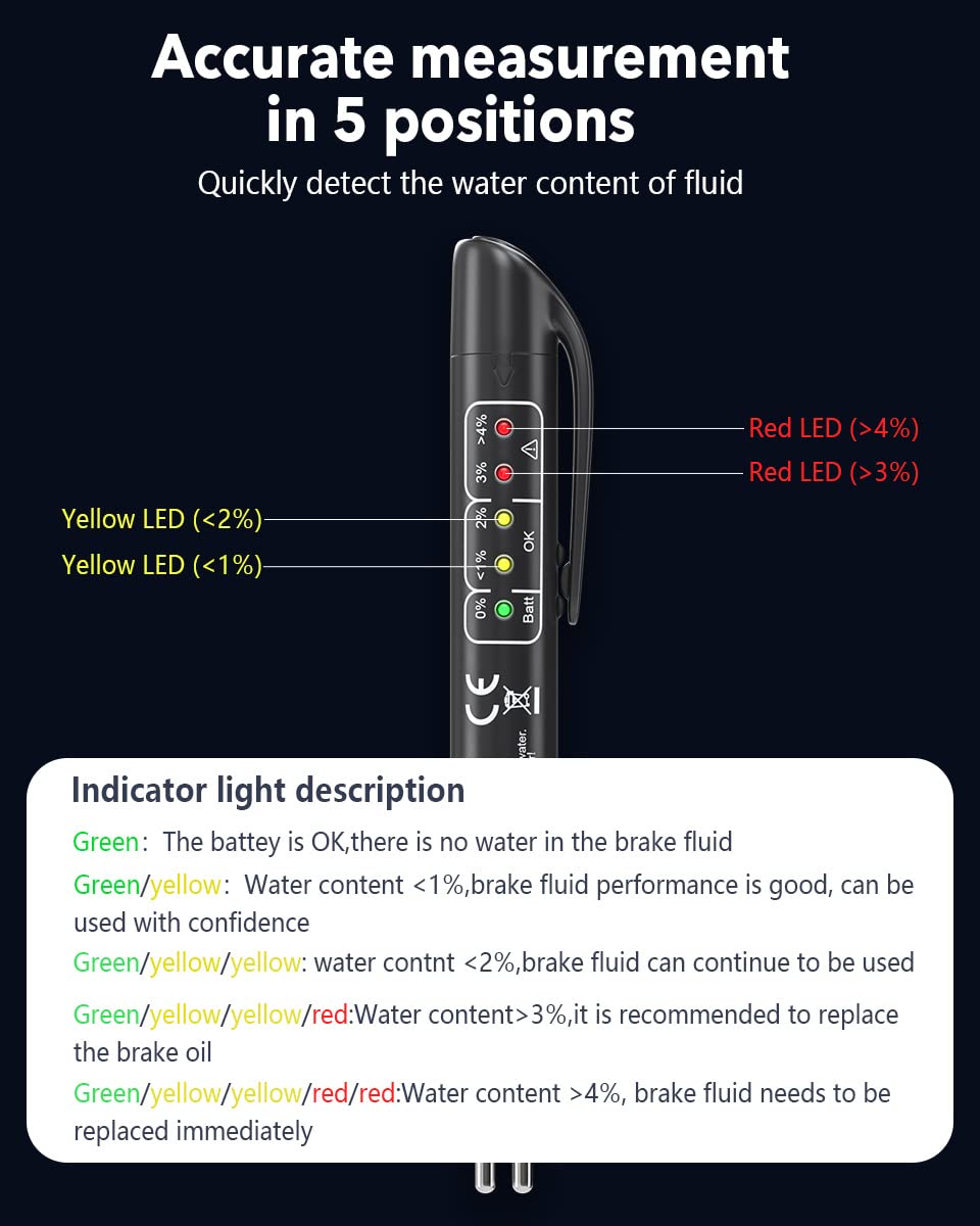 DollaTek Tester del liquido dei freni Test del liquido con 5 indicatori LED Penna per test della qualità dell'olio Strumenti diagnostici per auto auto Tester del liquido dei freni
