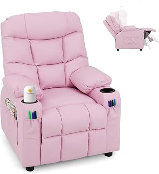 GLACER Kids Recliner Chair w/Cup Holder & Side Pockets, Children Recliner w/Comfortable Backrest, Armrests & Footrest, Toddler PU Leather Recliner for Boys Girls, 3+ Age Group Pink